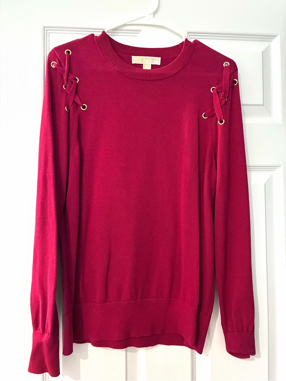 Michael Kors Lace-Up Shoulder Crew Sweater - Berry